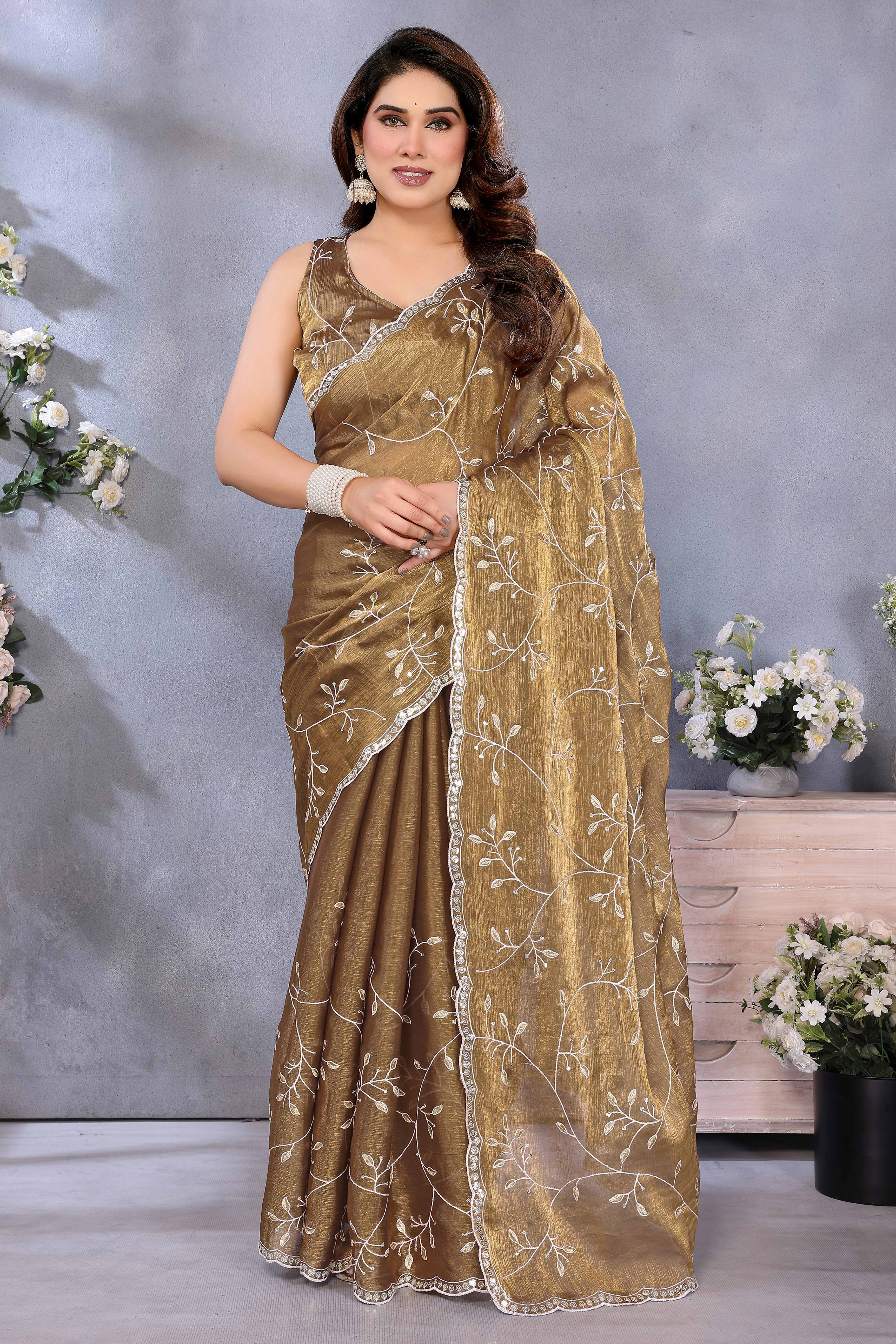 Golden Brown Jimmy Choo Chiffon Saree Adorned with Delicate Floral Sequins Embroidery
