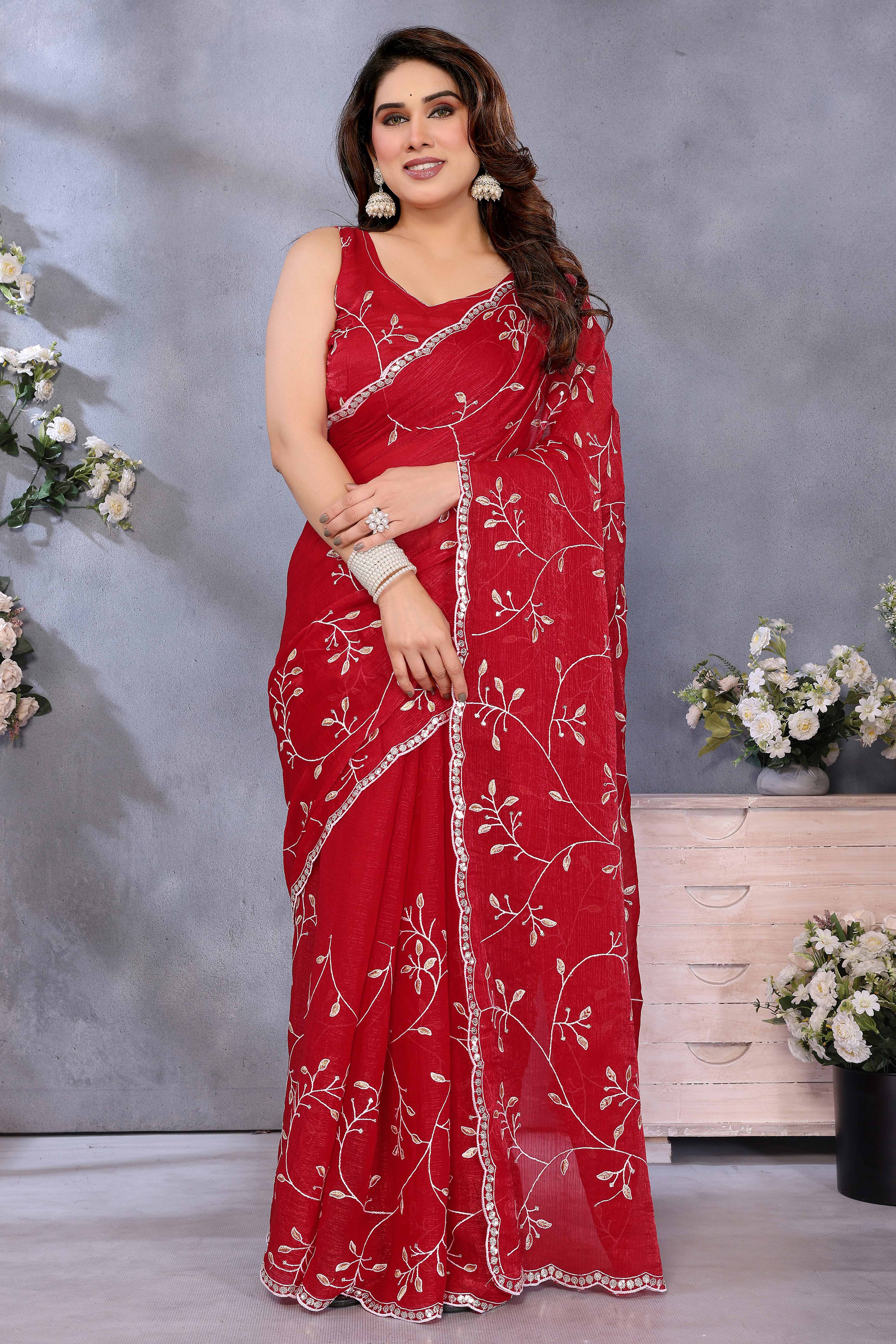 Red Jimmy Choo Chiffon Saree Adorned with Delicate Floral Sequins Embroidery