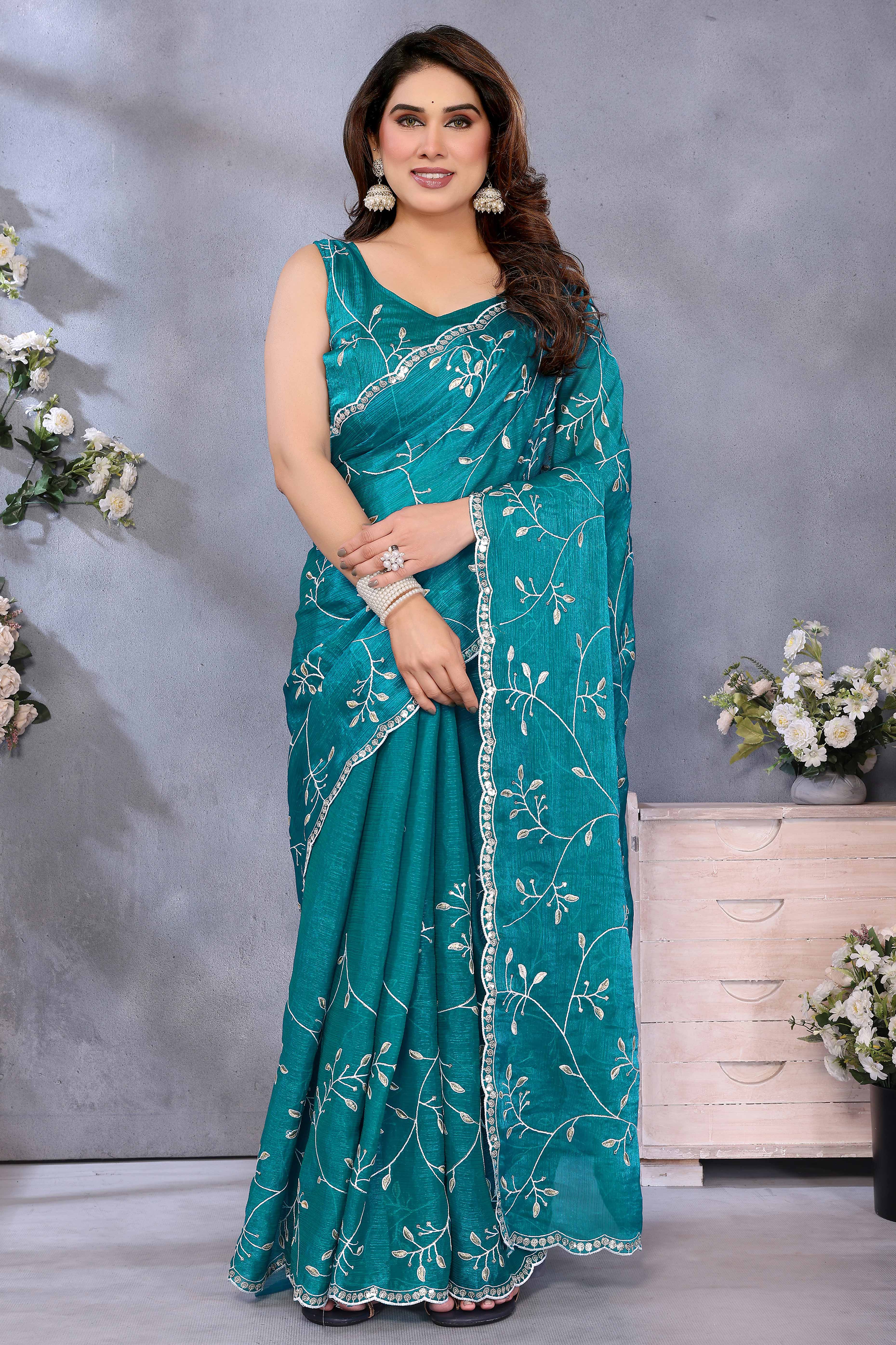 Teal Jimmy Choo Chiffon Saree Adorned with Delicate Floral Sequins Embroidery