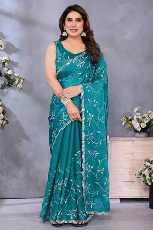 Teal Jimmy Choo Chiffon Saree Adorned with Delicate Floral Sequins Embroidery