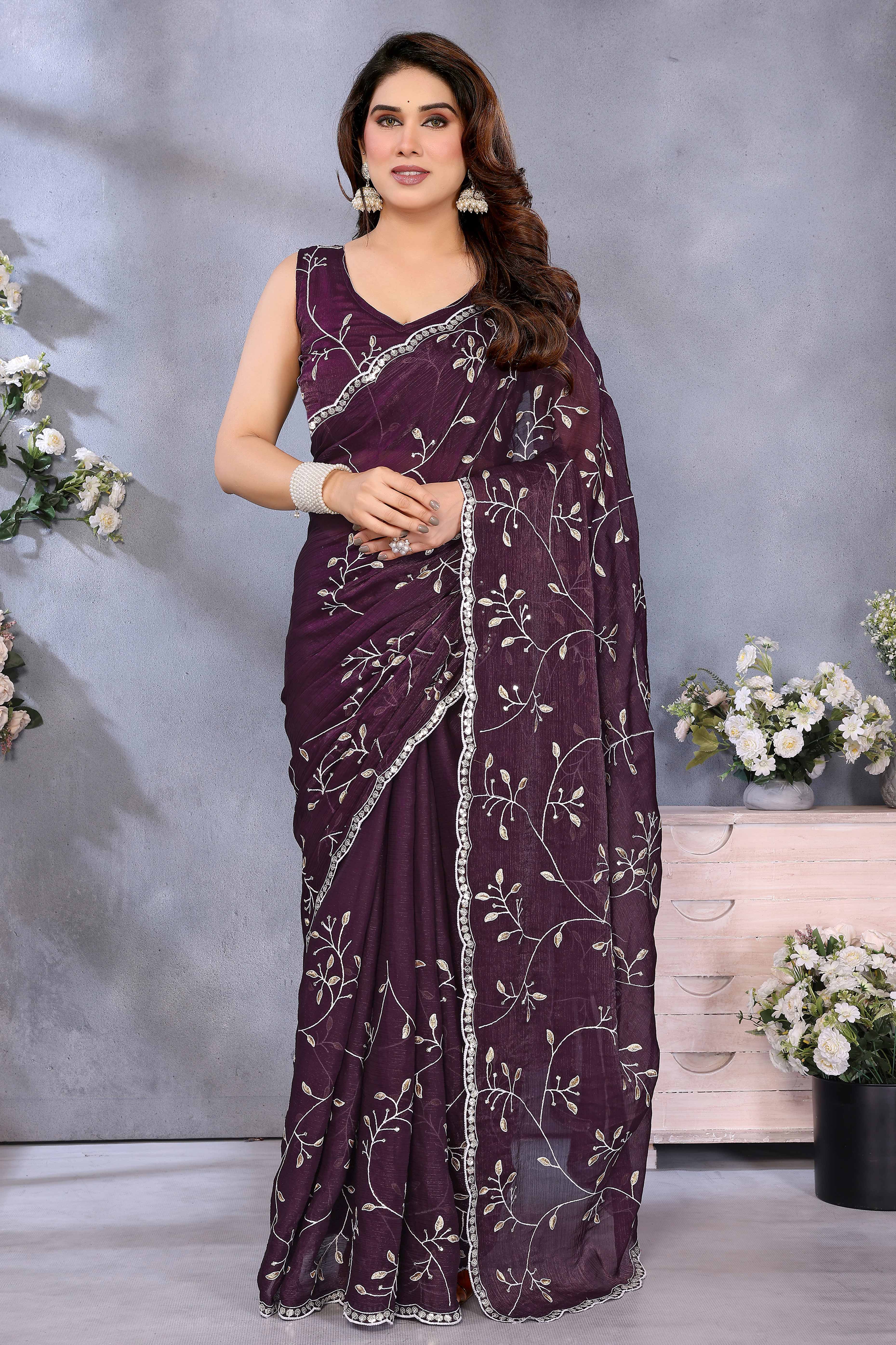Wine Jimmy Choo Chiffon Saree Adorned with Delicate Floral Sequins Embroidery