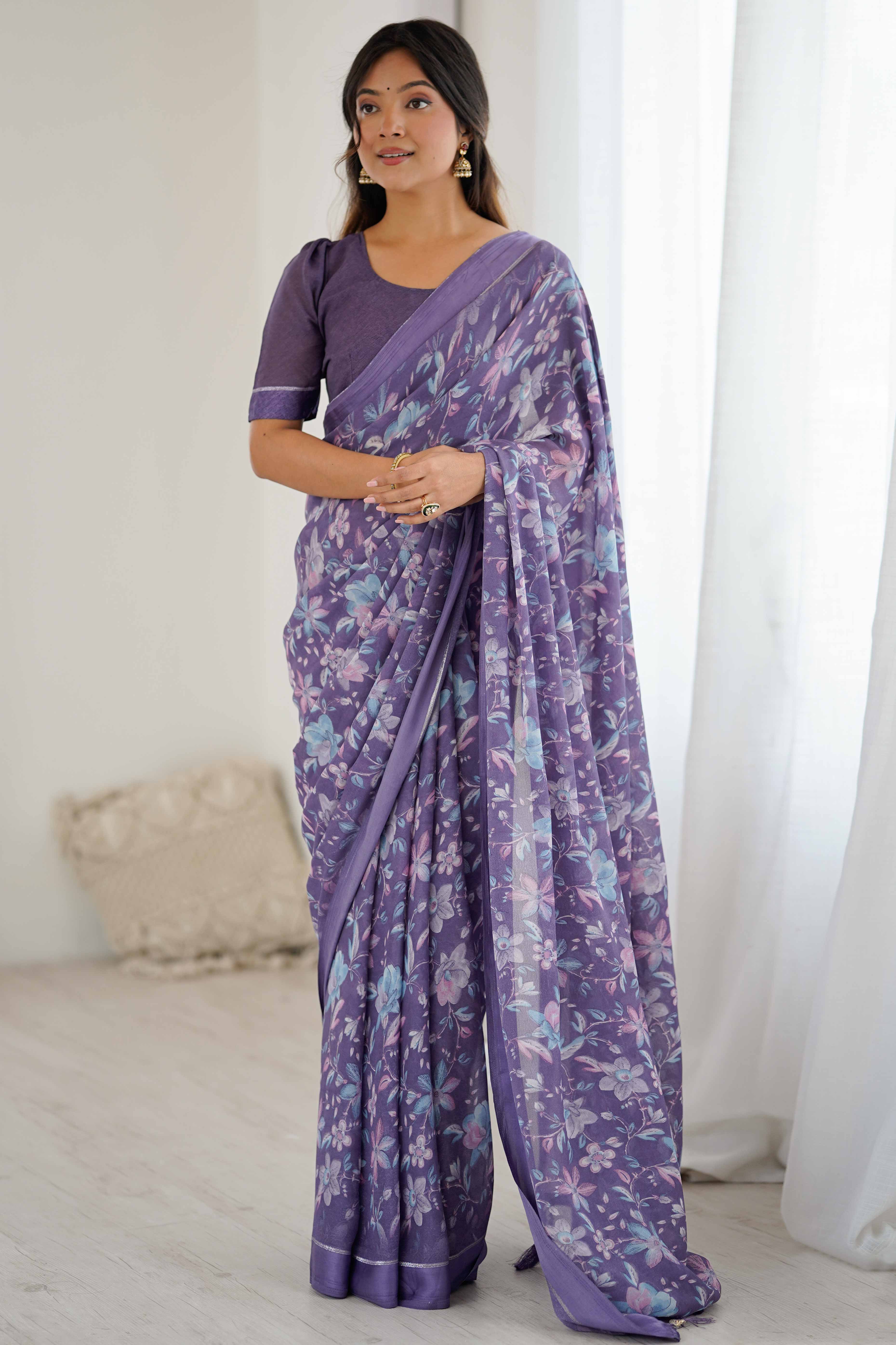 Lavender Moss Silk Blend Saree With Artistic Floral Digital Print & Stylish Tassel Pallu