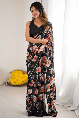 Black Floral Printed Moss Silk Blend Saree Adorned With Playful Tassel Pallu