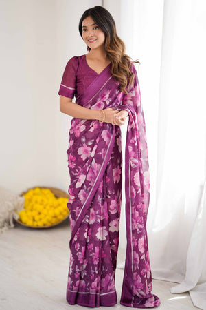 Magenta Floral Printed Moss Silk Blend Saree Adorned With Playful Tassel Pallu