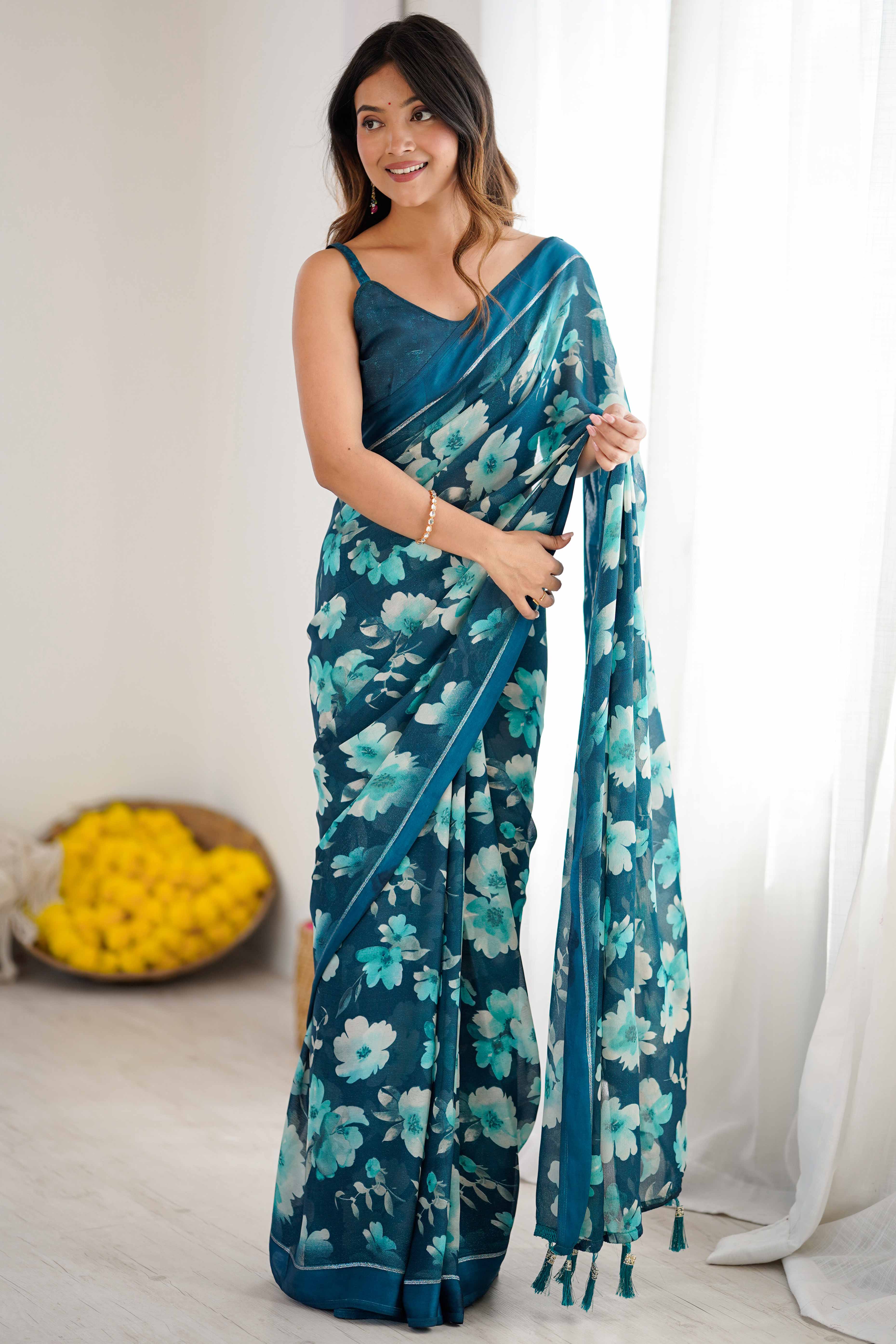 Morpich Blue Floral Printed Moss Silk Blend Saree Adorned With Playful Tassel Pallu