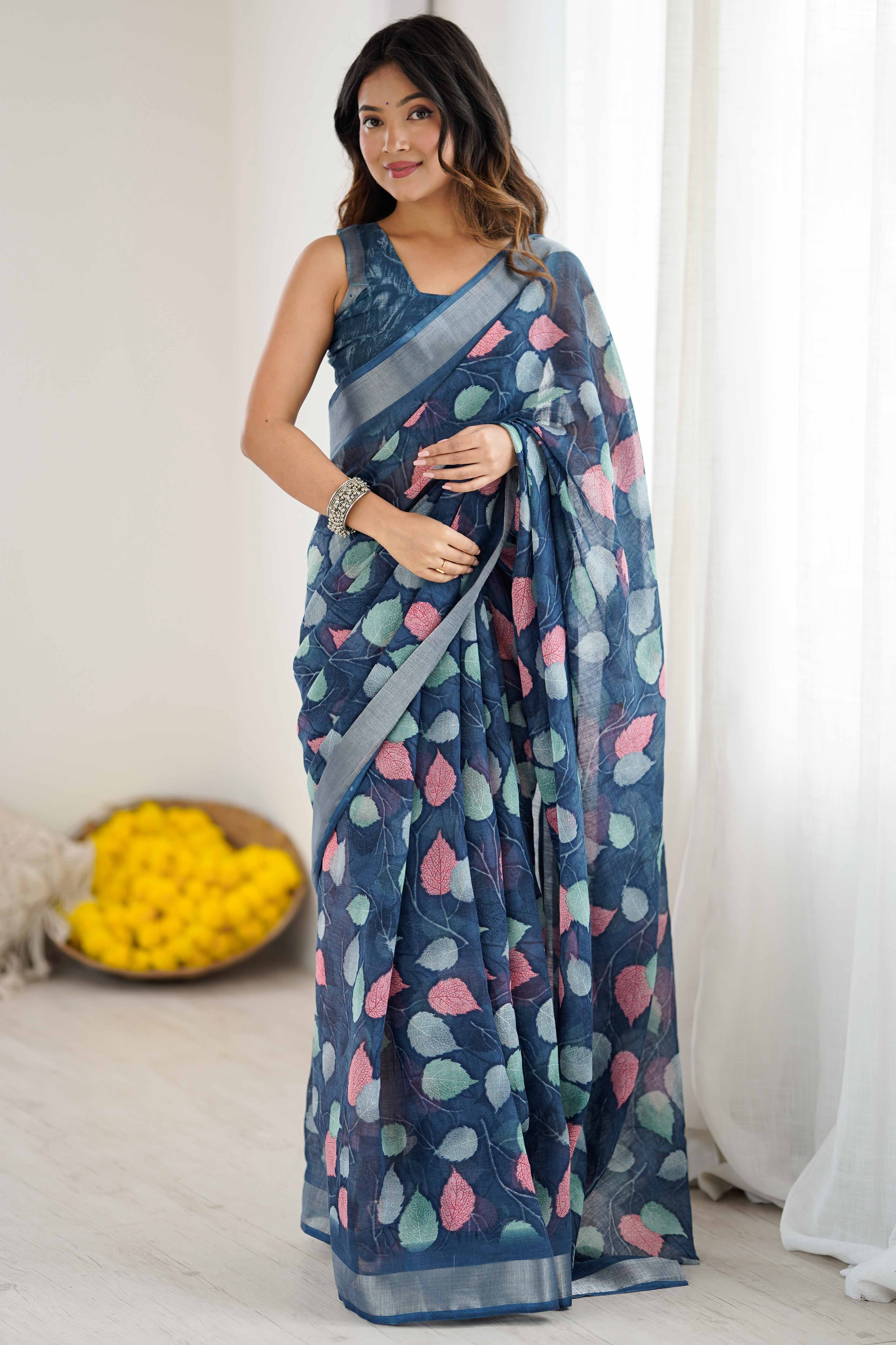 Dark Blue Linen Saree With Graceful All Over Leaf Pattern