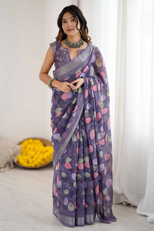 Lavender Linen Saree With Graceful All Over Leaf Pattern