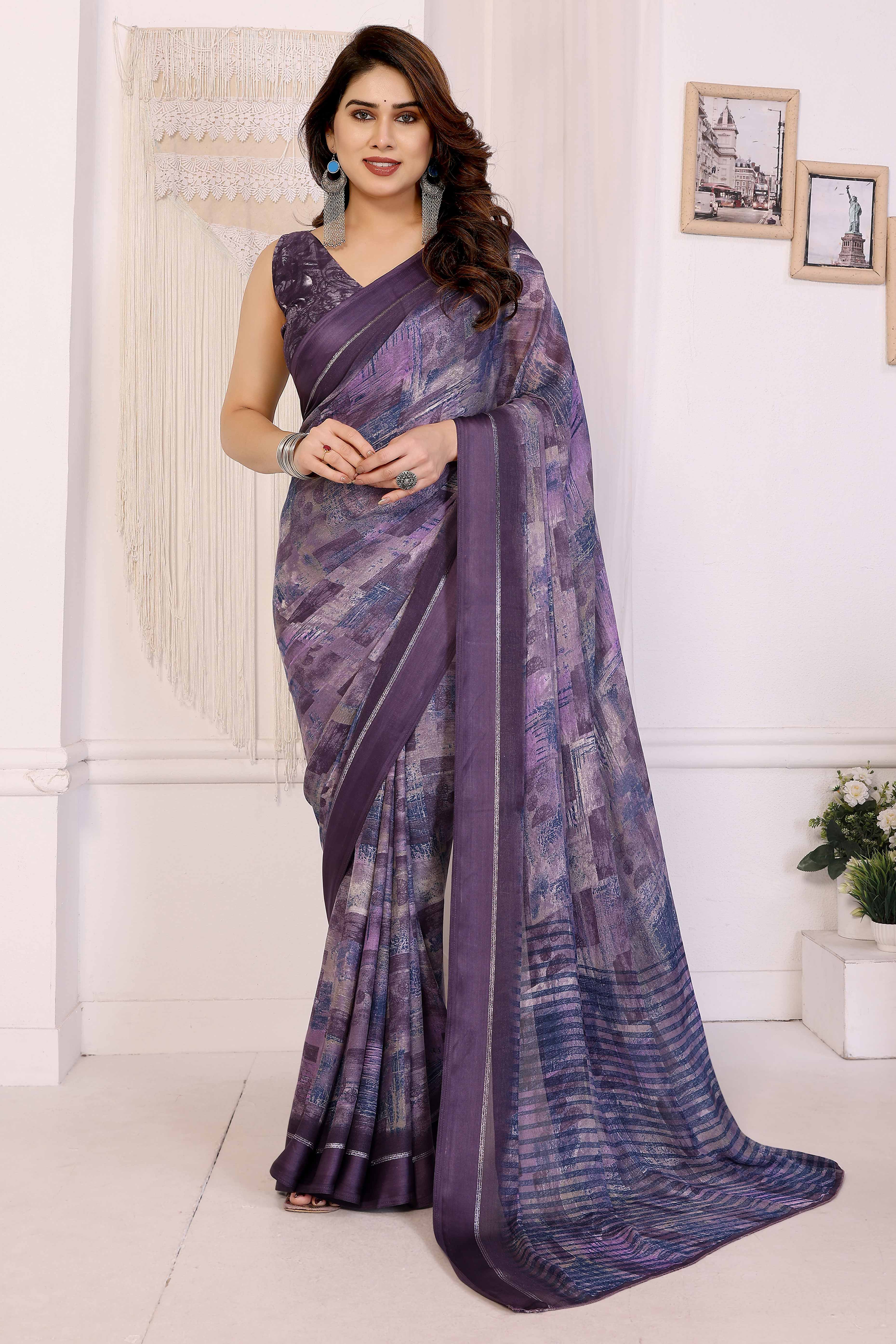 Trendy Purple Moss Crepe Saree with Floral Motifs and Satin Border