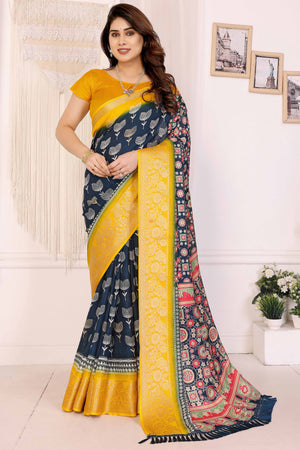 Blue Moss Crepe Saree with Floral Prints and Jacquard Edging