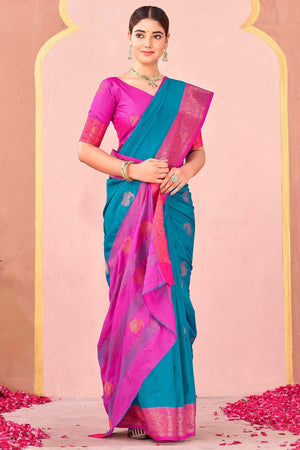 Blue Silk Blend Saree Adorned With Zari Woven Floral & Paisley Design