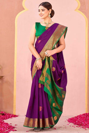 Purple Silk Blend Saree Adorned With Zari Woven Floral & Paisley Design