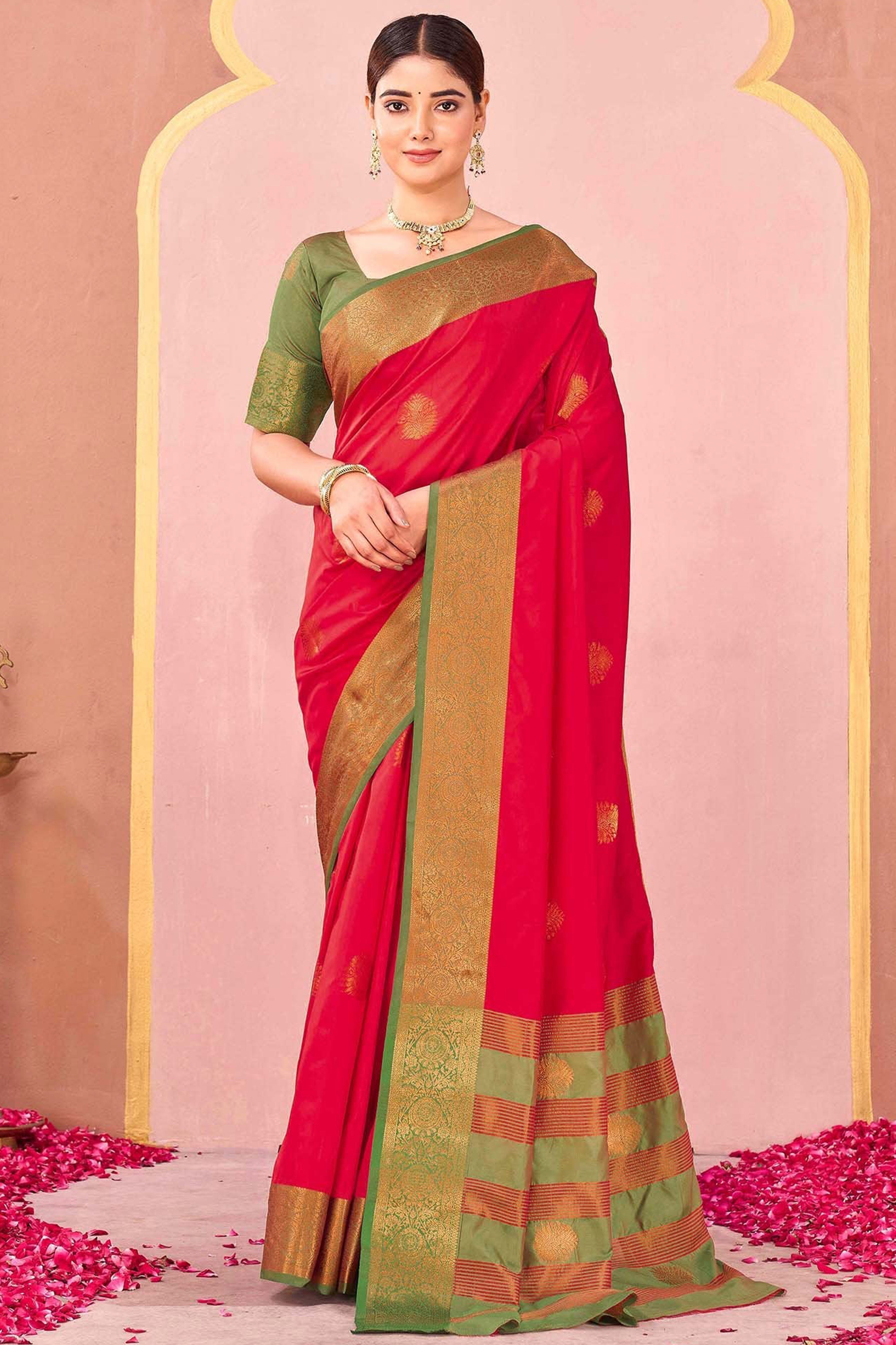 Red Silk Blend Saree Adorned With Zari Woven Floral & Paisley Design