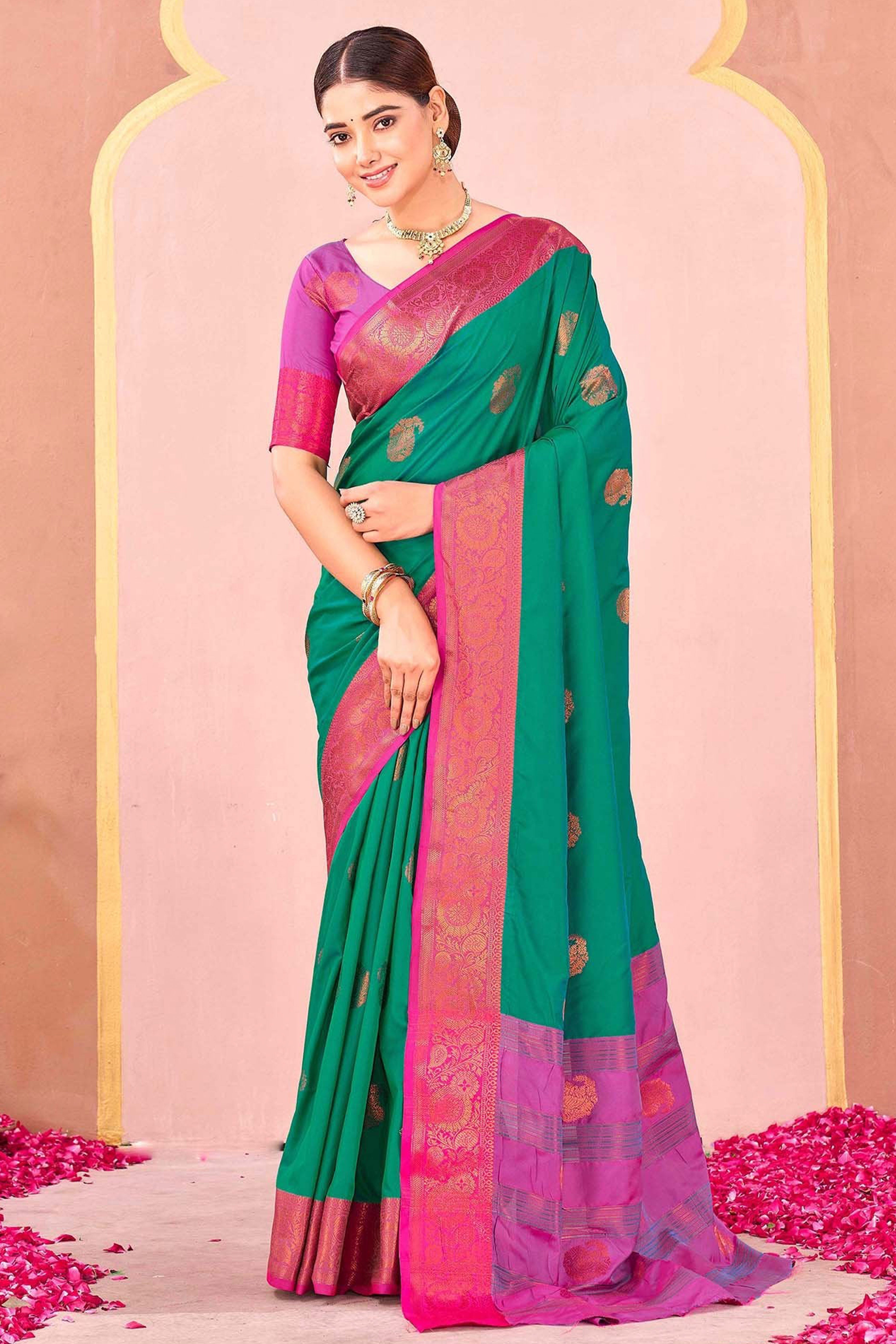 Teal Green Silk Blend Saree Adorned With Zari Woven Floral & Paisley Design