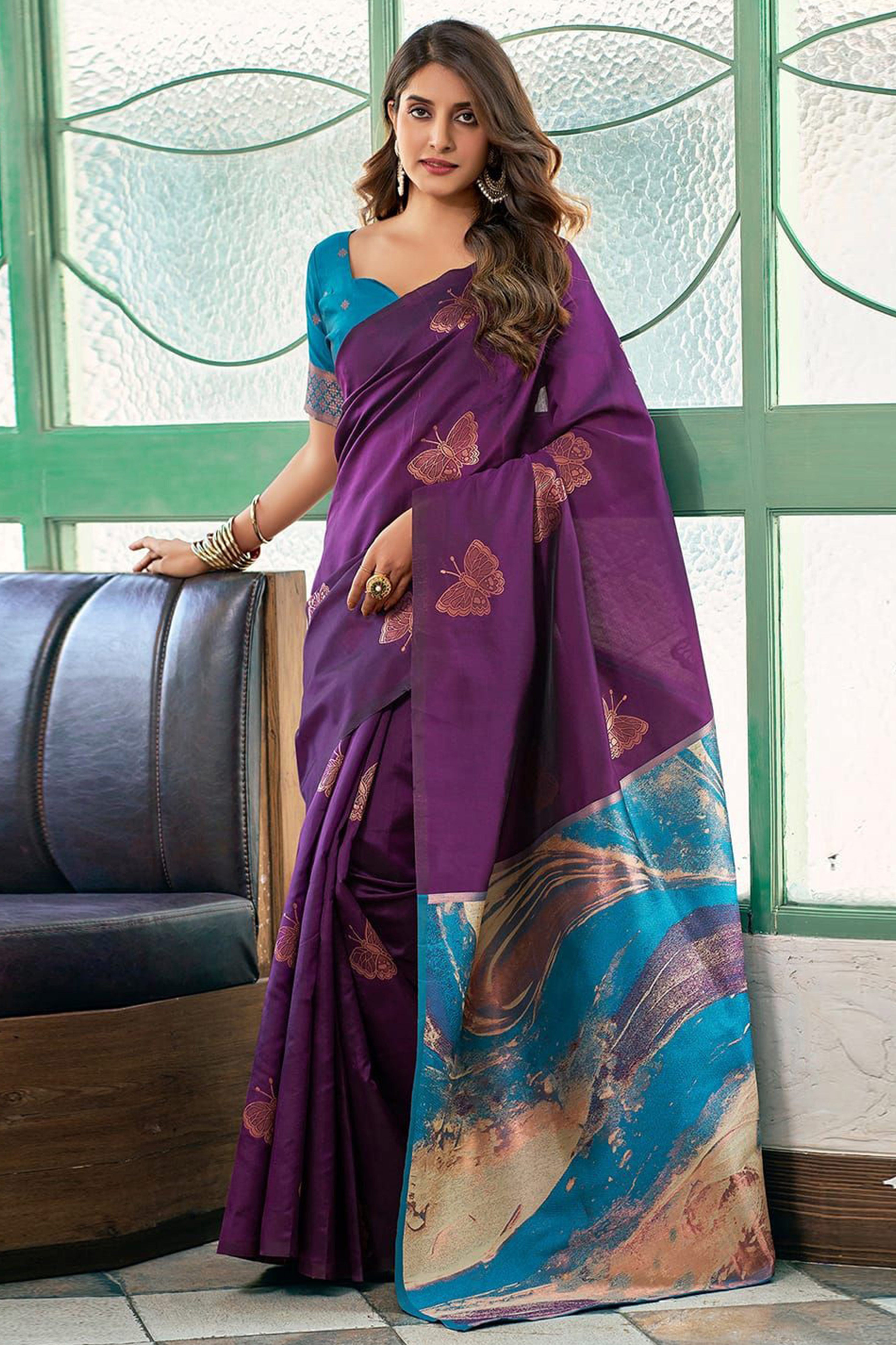 Charming Wine Banarasi Silk Saree Highlighted With Butterfly Motif Zari Work