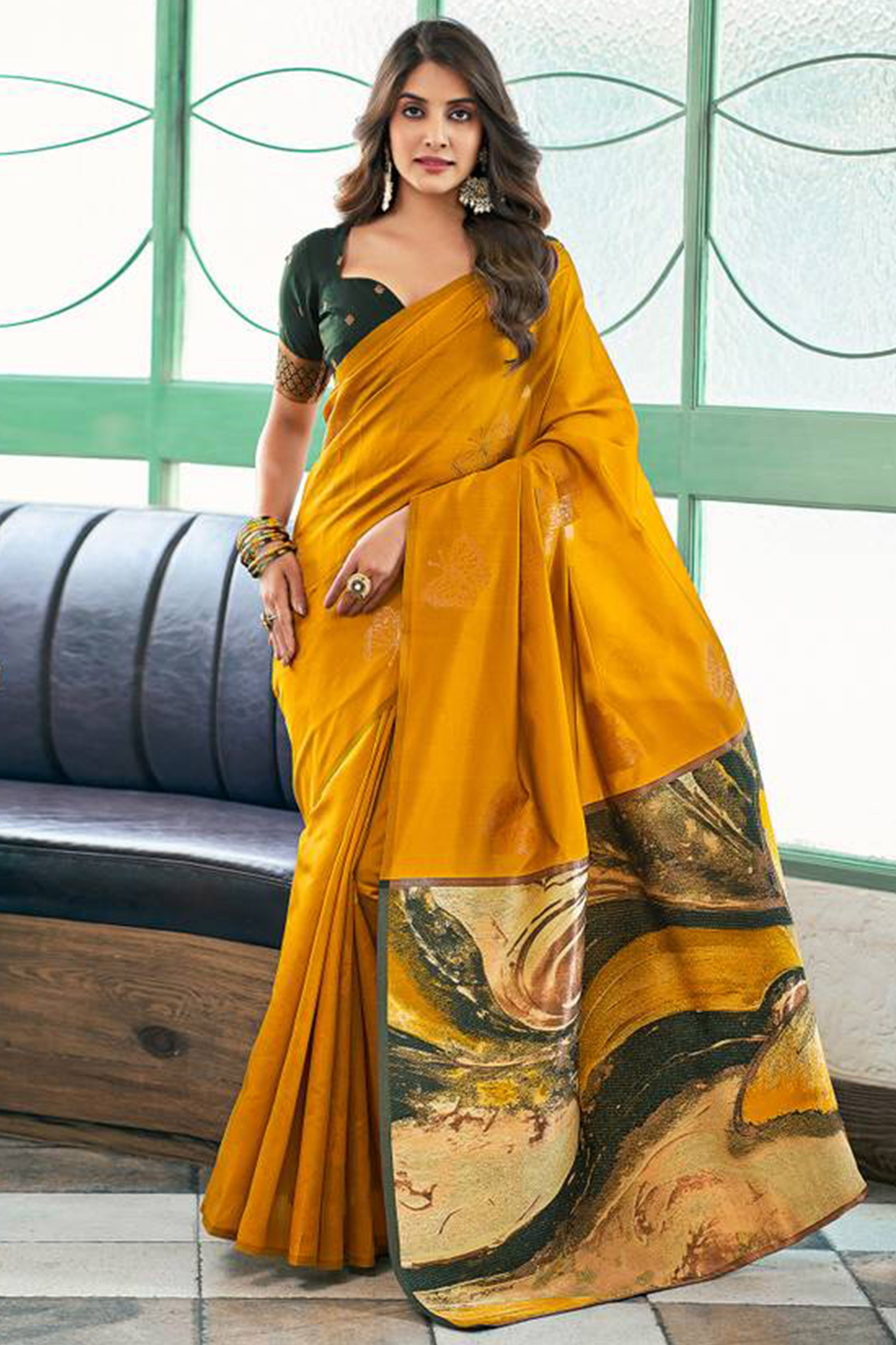 Charming Yellow Banarasi Silk Saree Highlighted With Butterfly Motif Zari Work