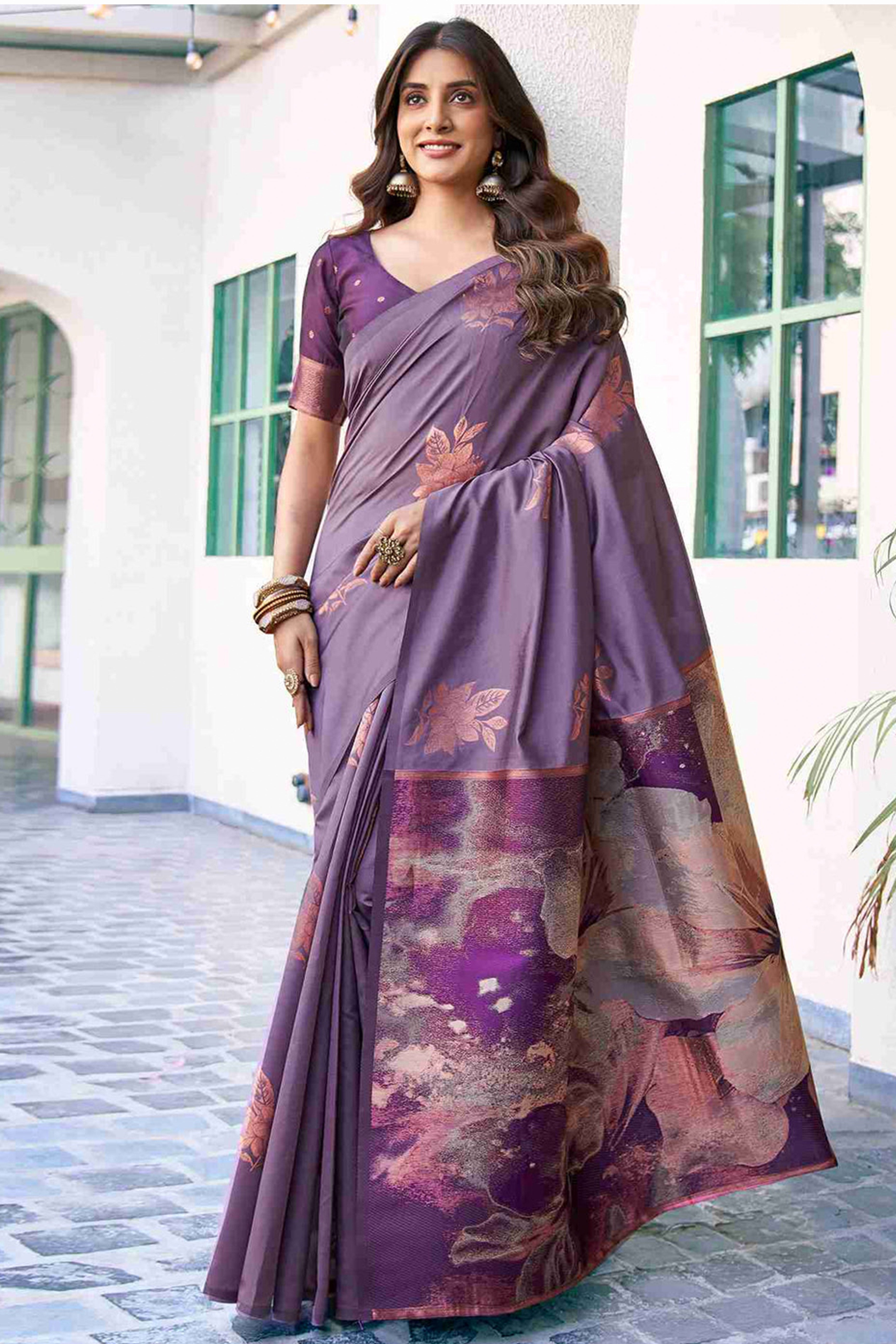 Charming Purple Banarasi Silk Saree Highlighted With Floral Motif Zari Work