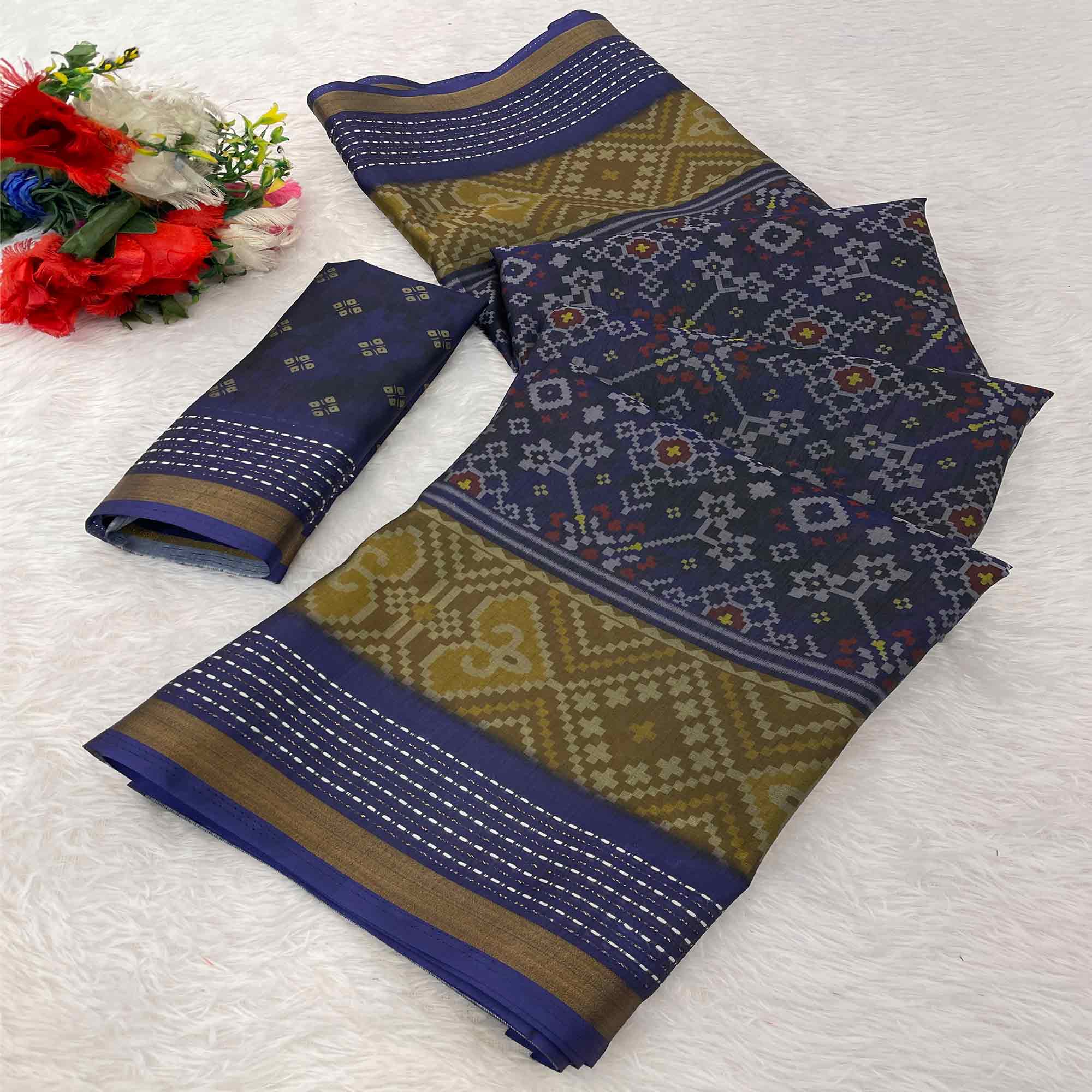 Gorgeous Blue Silk Blend Saree with Digital Patola Patterns for Timeless Ethnic Appeal