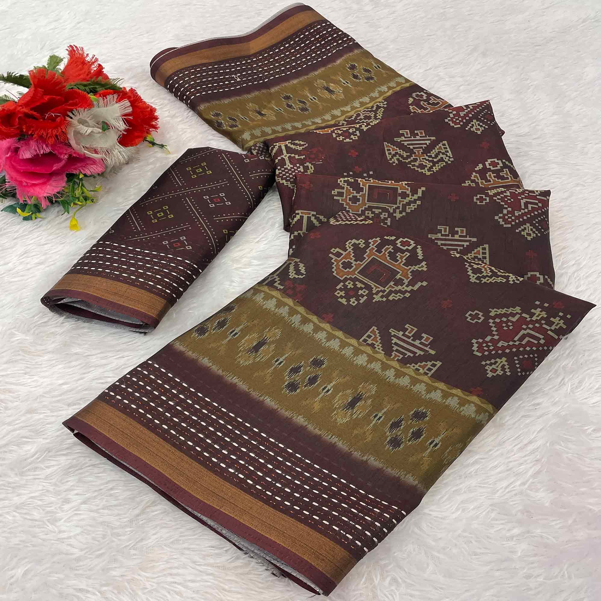 Gorgeous Brown Silk Blend Saree with Digital Patola Patterns for Timeless Ethnic Appeal