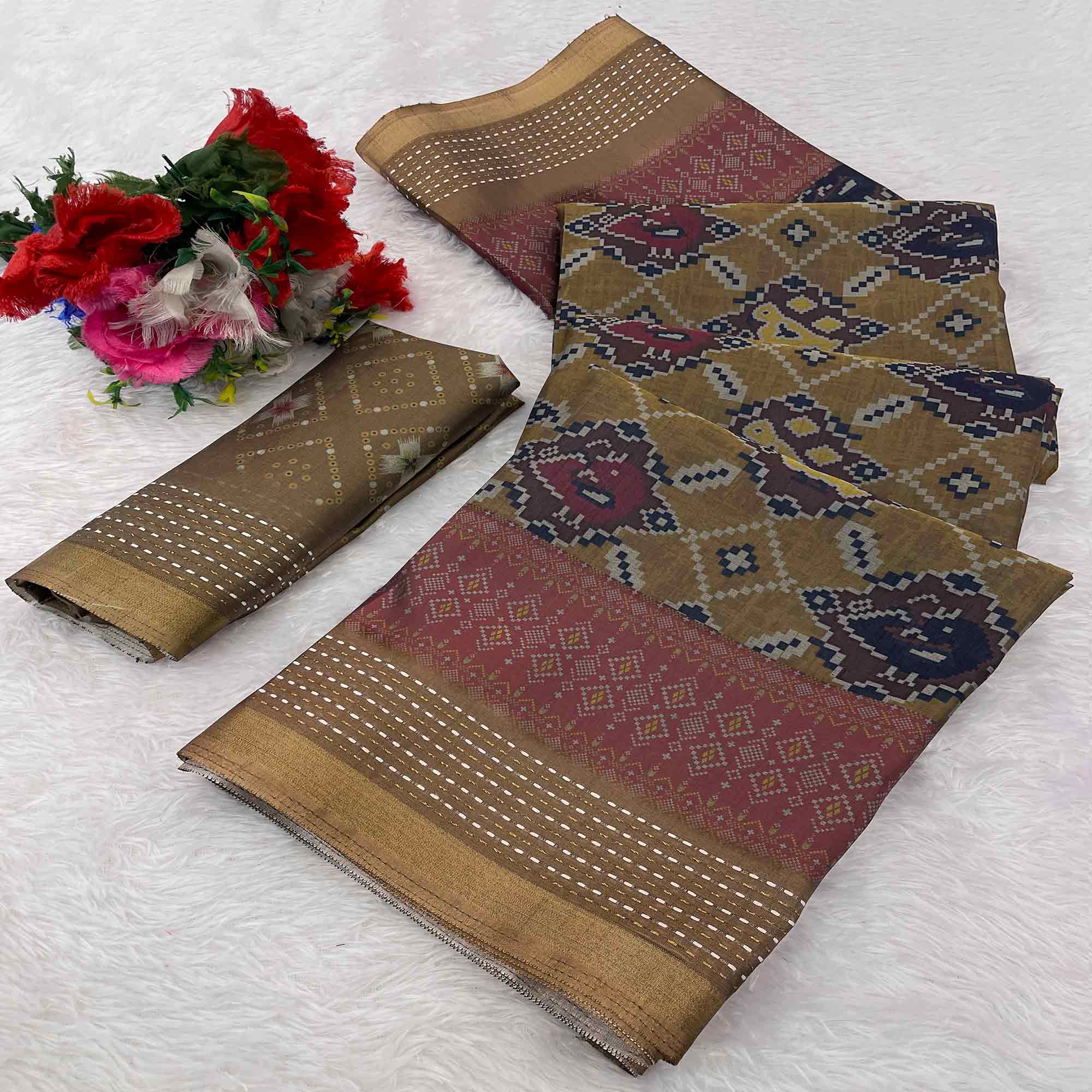 Gorgeous Mustard Silk Blend Saree with Digital Patola Patterns for Timeless Ethnic Appeal
