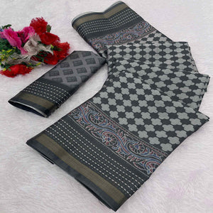 Graceful Grey Digital Ikkat Printed Saree in Luxurious Silk Blend Fabric