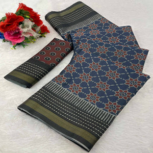 Graceful Navy Blue Digital Ikkat Printed Saree in Luxurious Silk Blend Fabric