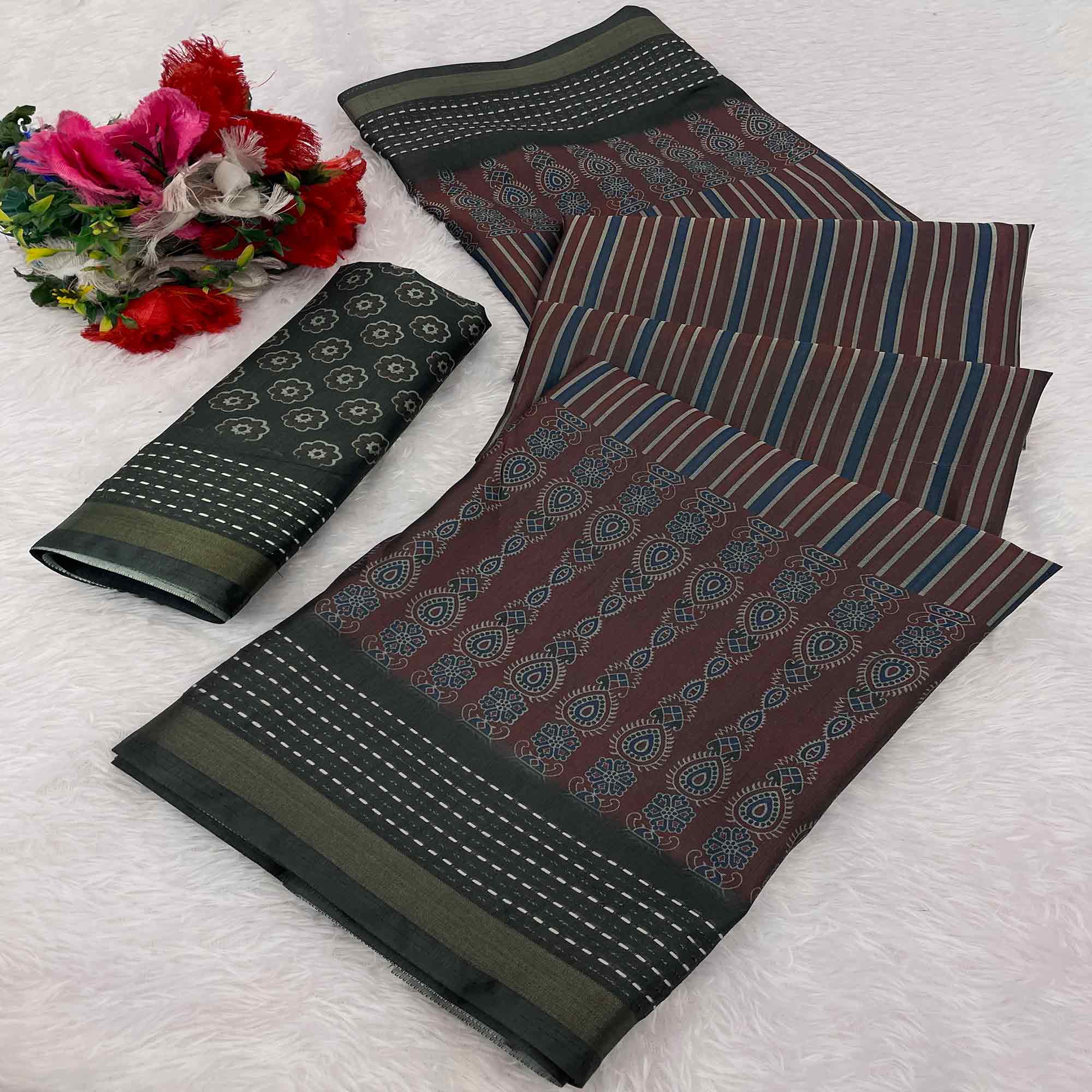 Graceful Wine Digital Ikkat Printed Saree in Luxurious Silk Blend Fabric