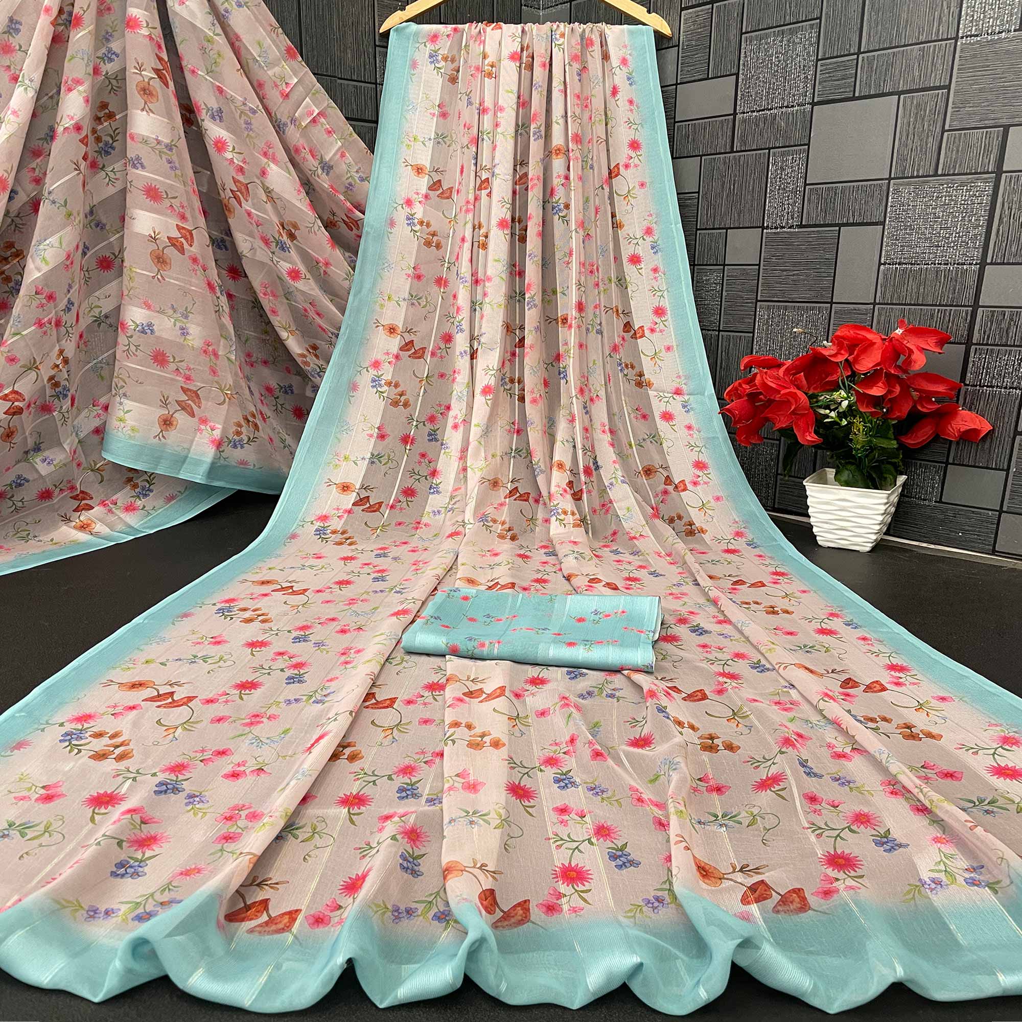 Beige Bloom Floral Digital Printed Georgette Saree Accentuated With Graceful Zari Stripes