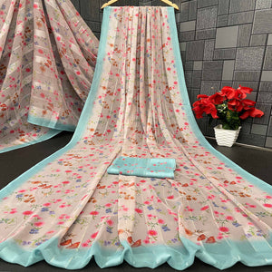 Beige Bloom Floral Digital Printed Georgette Saree Accentuated With Graceful Zari Stripes