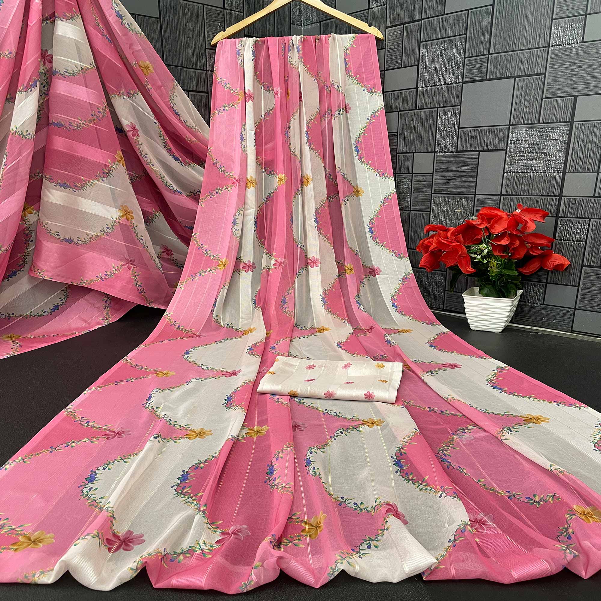 Pink Bloom Floral Digital Printed Georgette Saree Accentuated With Graceful Zari Stripes
