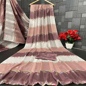 Brown Bloom Floral Digital Printed Georgette Saree Accentuated With Graceful Zari Stripes