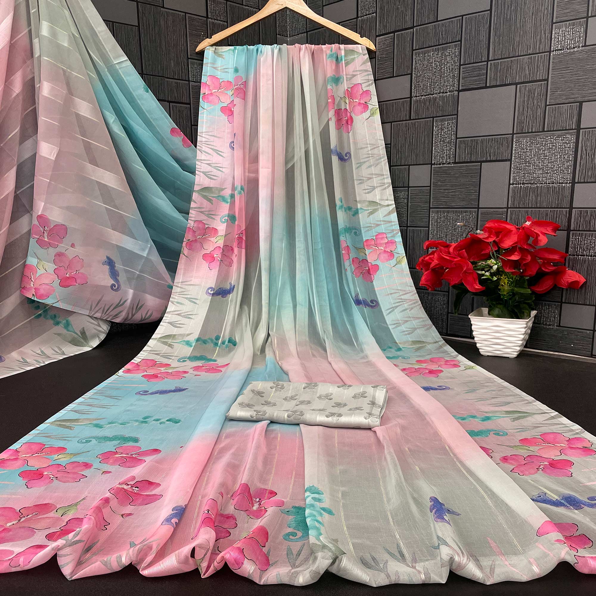 Multicolor Bloom Floral Digital Printed Georgette Saree Accentuated With Graceful Zari Stripes