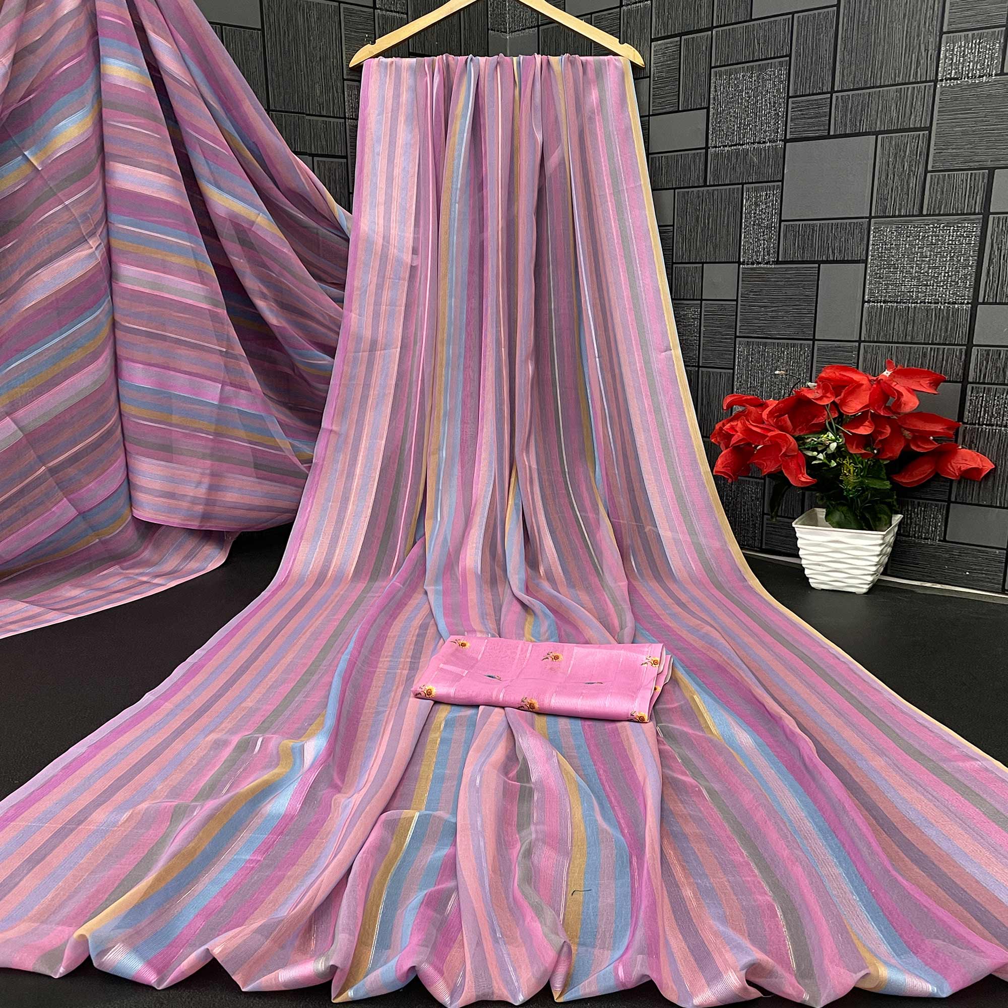 Pink Bloom Floral Digital Printed Georgette Saree Accentuated With Graceful Zari Stripes