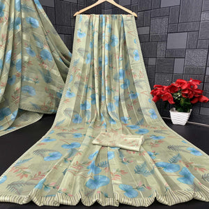 Pista Green Bloom Floral Digital Printed Georgette Saree Accentuated With Graceful Zari Stripes