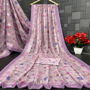 Purple Bloom Floral Digital Printed Georgette Saree Accentuated With Graceful Zari Stripes