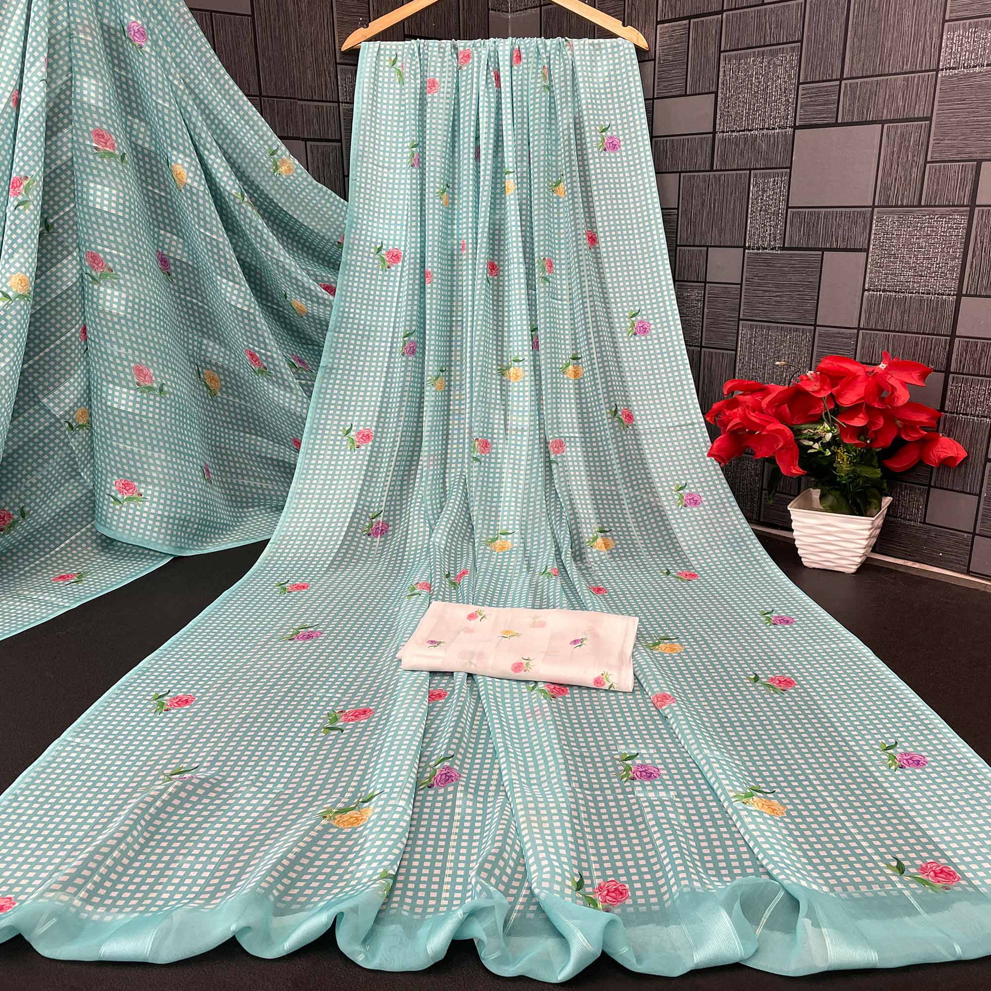 Elegant Sky Blue Floral Digital Printed Georgette Saree With Subtle Detailing