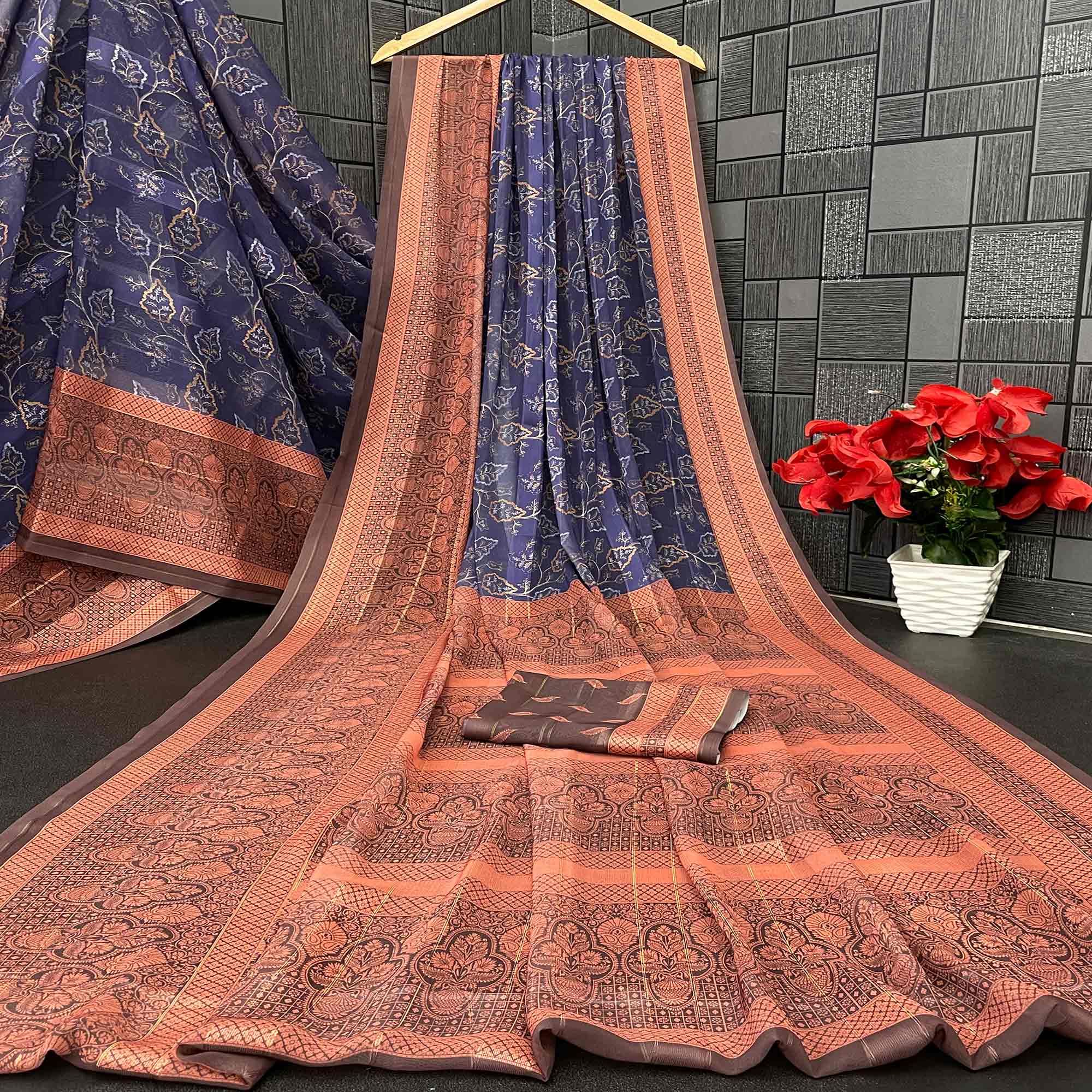 Elegant Navy Blue & Brown Floral Digital Printed Georgette Saree Adorned With Subtle Zari Stripes