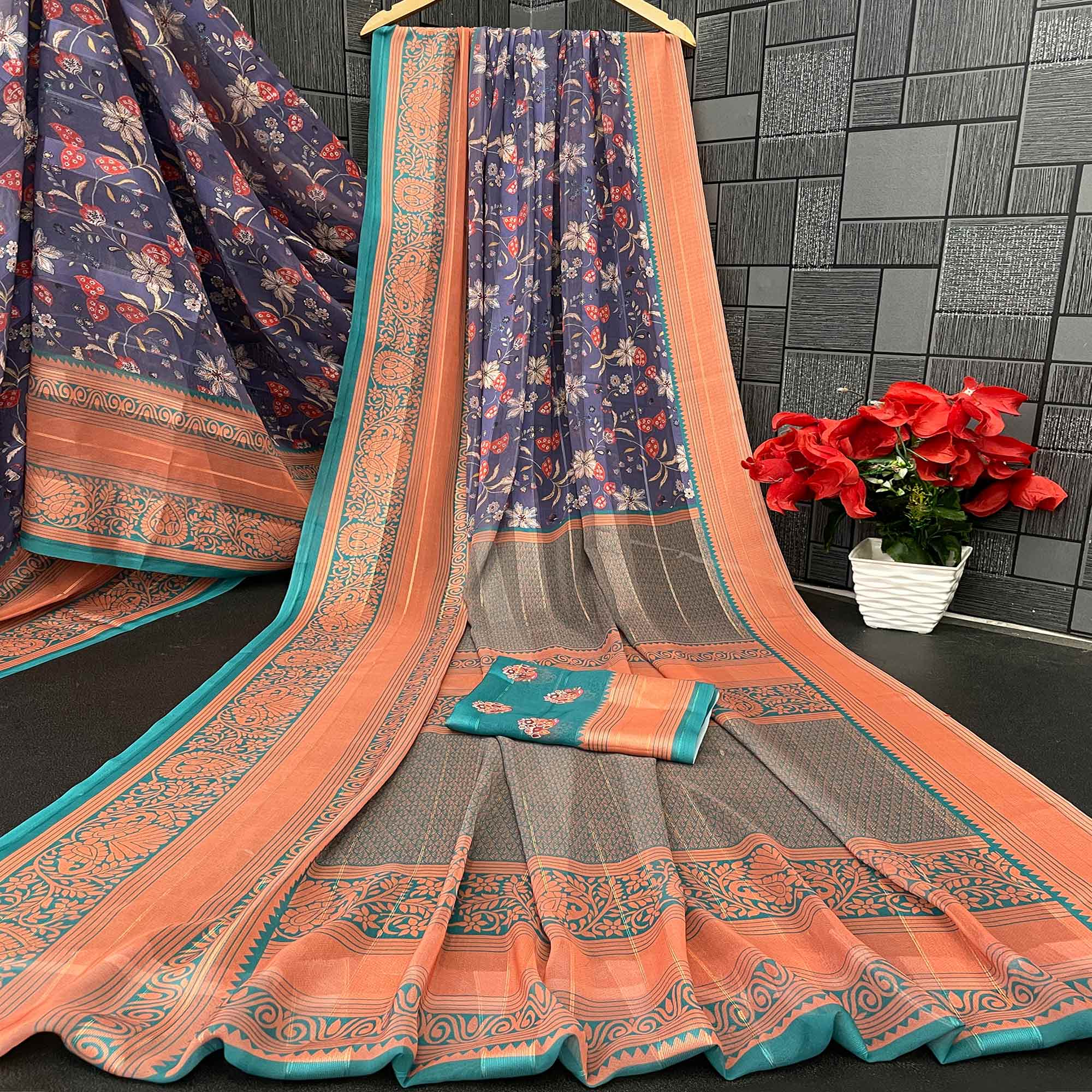 Elegant Purple & Rama Floral Digital Printed Georgette Saree Adorned With Subtle Zari Stripes