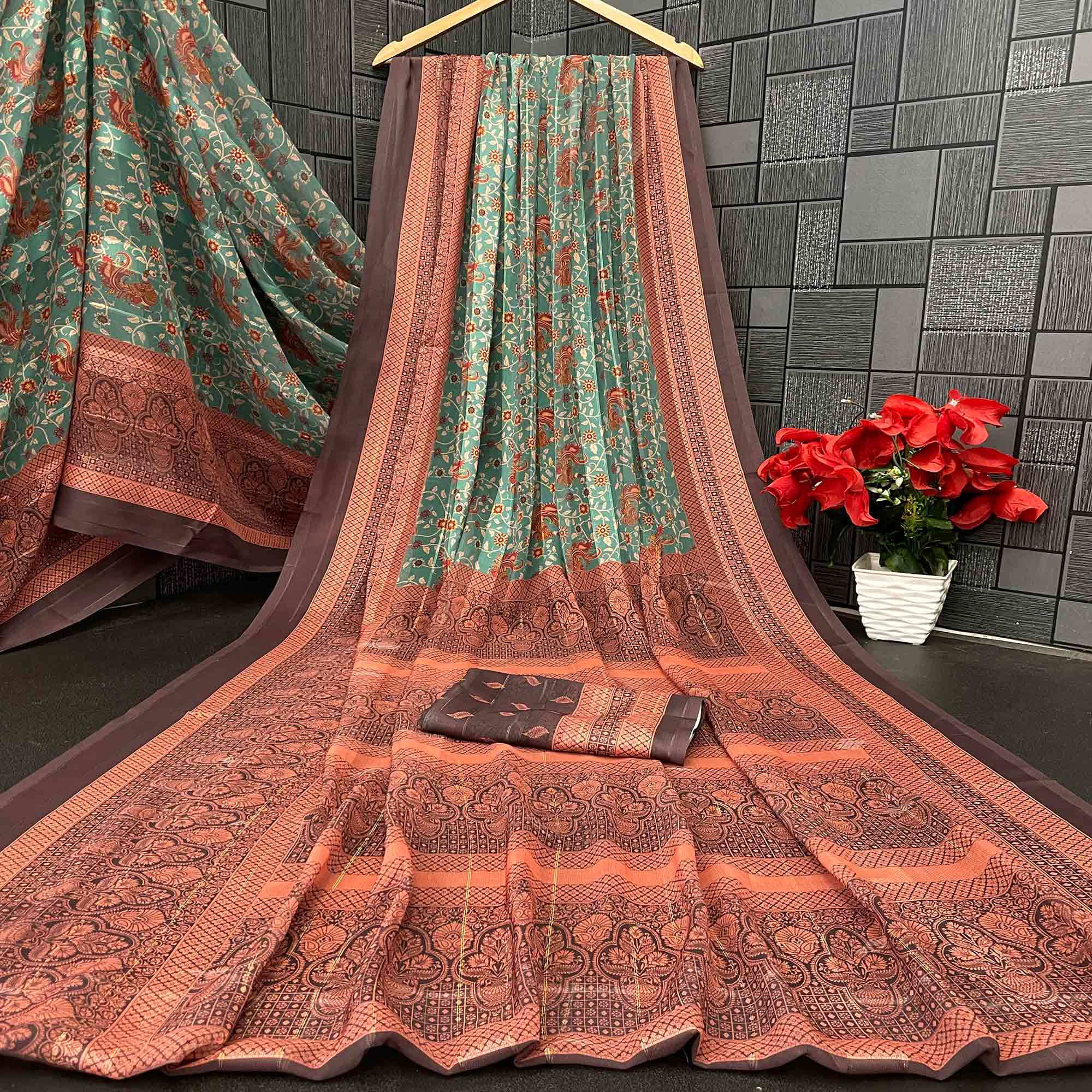 Elegant Green & Brown Floral Digital Printed Georgette Saree Adorned With Subtle Zari Stripes