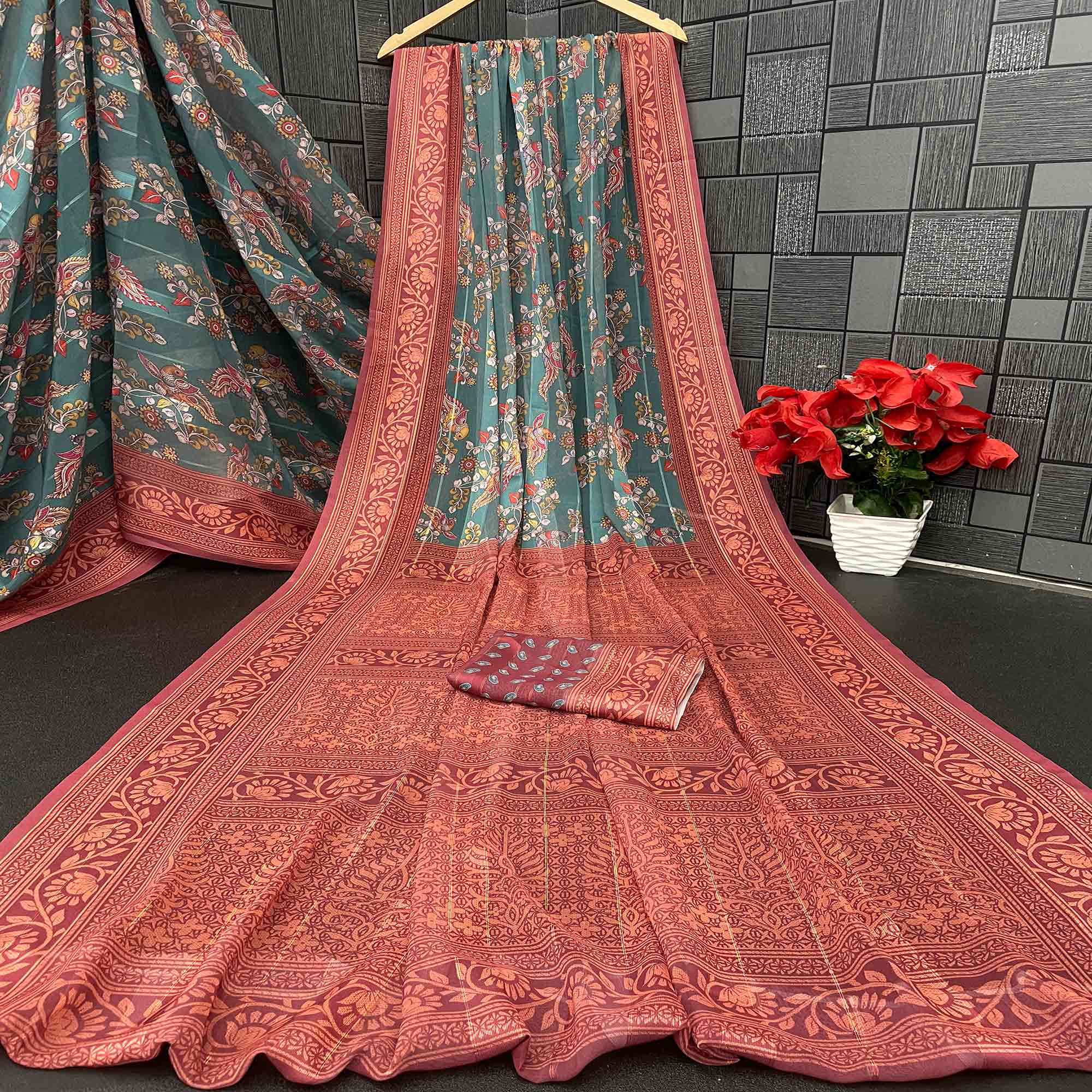 Elegant Rama Green & Maroon Floral Digital Printed Georgette Saree Adorned With Subtle Zari Stripes