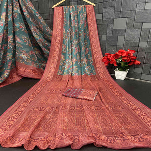 Elegant Rama Green & Maroon Floral Digital Printed Georgette Saree Adorned With Subtle Zari Stripes