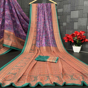Elegant Violet & Green Floral Digital Printed Georgette Saree Adorned With Subtle Zari Stripes