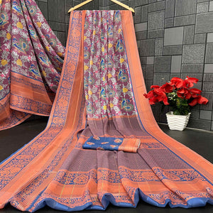 Elegant Wine & Blue Floral Digital Printed Georgette Saree Adorned With Subtle Zari Stripes