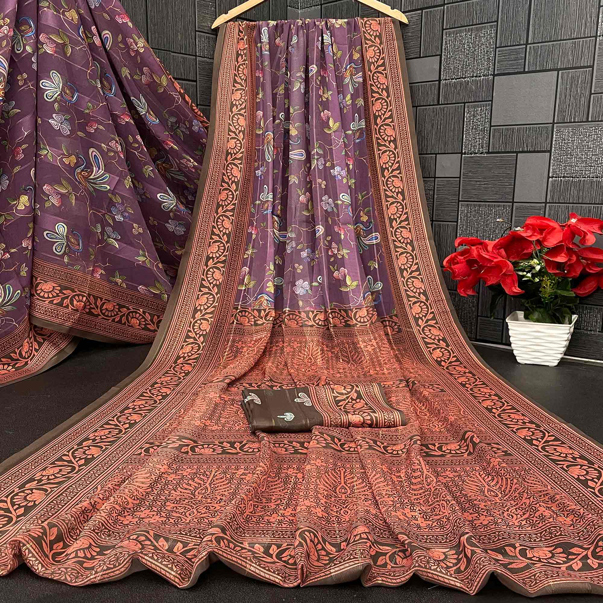 Elegant Wine & Brown Floral Digital Printed Georgette Saree Adorned With Subtle Zari Stripes