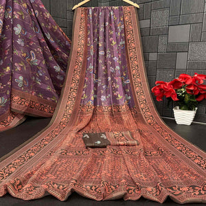 Elegant Wine & Brown Floral Digital Printed Georgette Saree Adorned With Subtle Zari Stripes