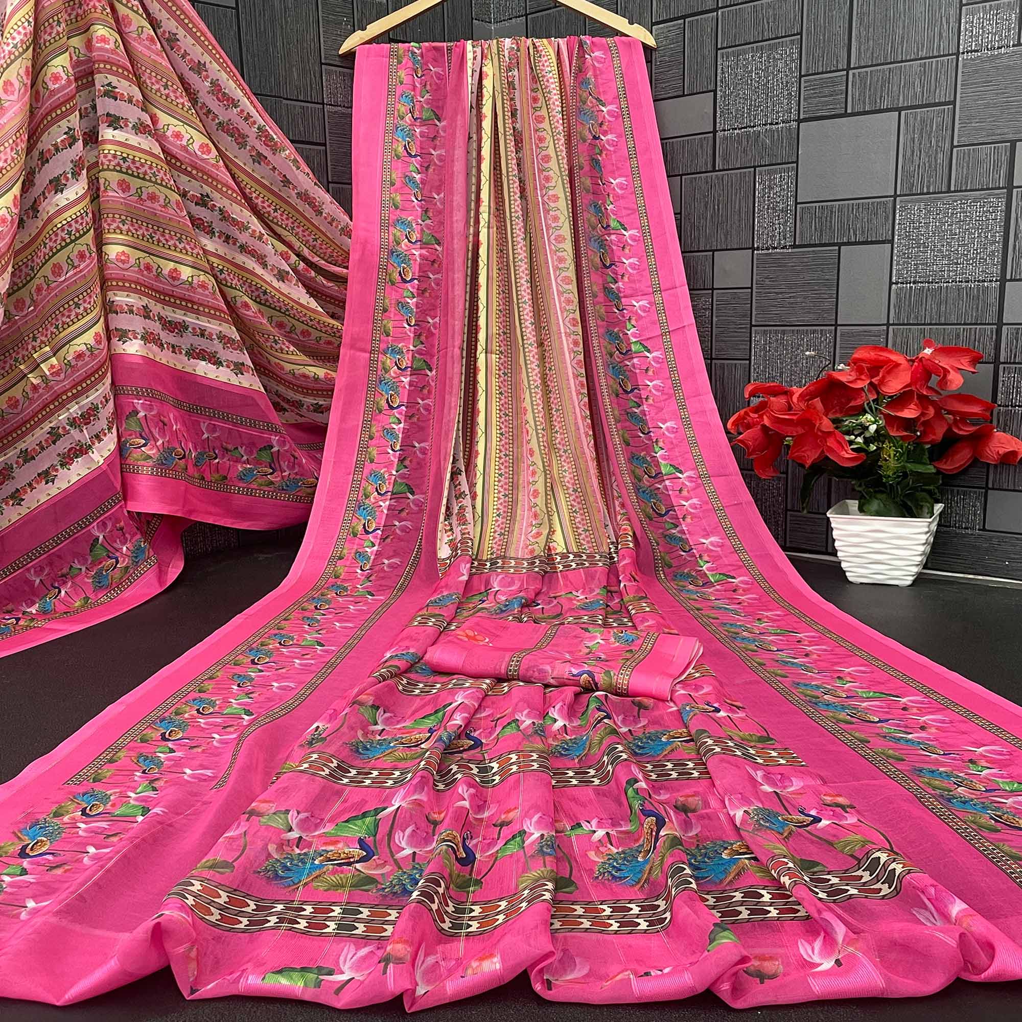 Charming Pink & Yellow Floral Digital Printed Georgette Saree Accentuated With Zari Stripes