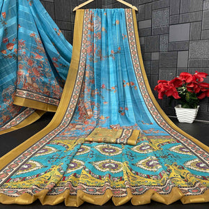 Charming Blue & Mehendi Floral Digital Printed Georgette Saree Accentuated With Zari Stripes