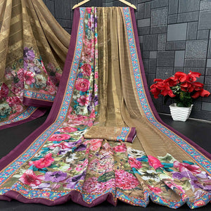 Charming Mehendi & Green Floral Digital Printed Georgette Saree Accentuated With Zari Stripes