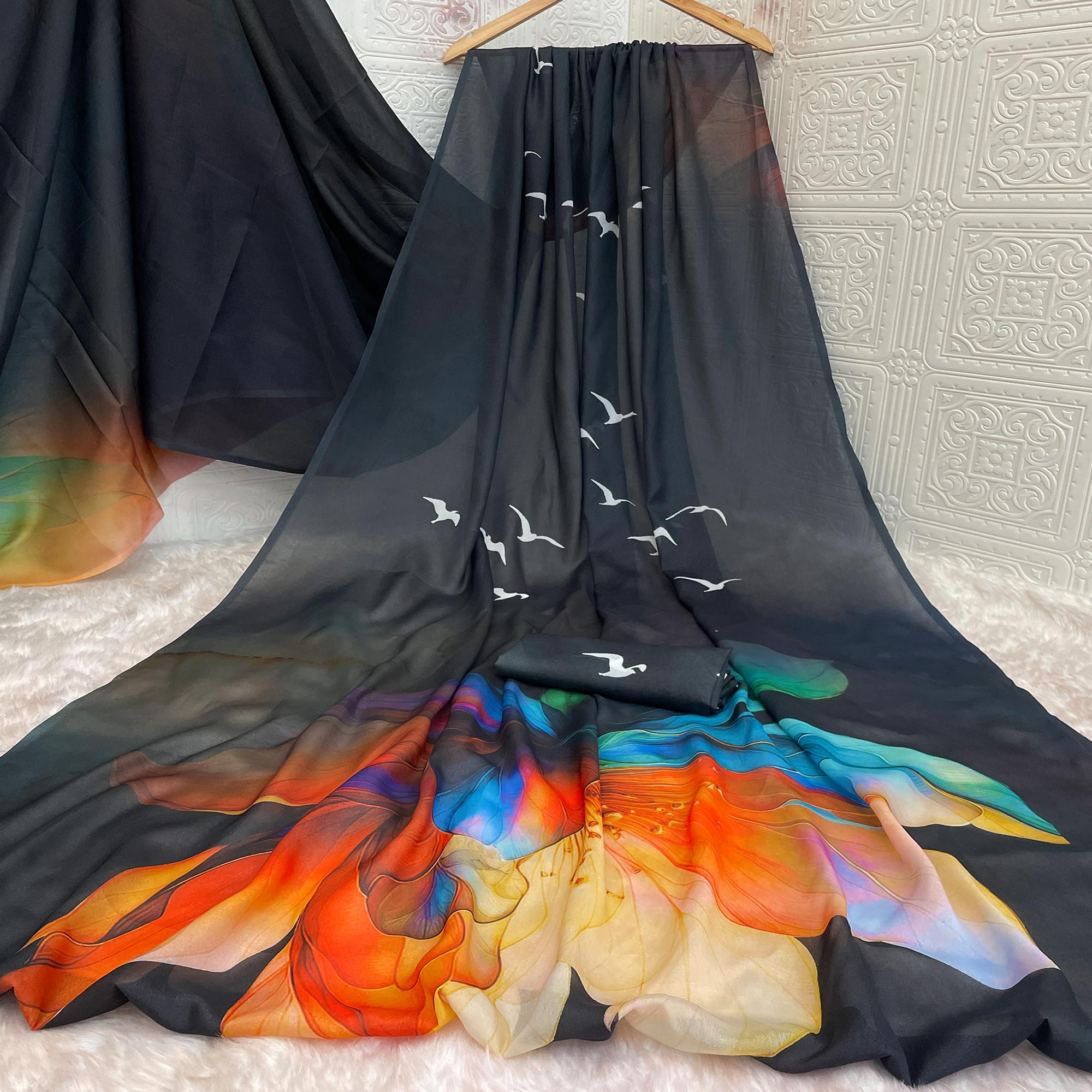 Black Sparkle Star Georgette Saree Adorned With Floral & Bird Digital Prints