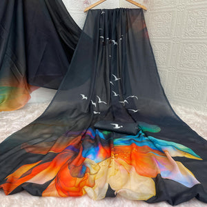Black Sparkle Star Georgette Saree Adorned With Floral & Bird Digital Prints