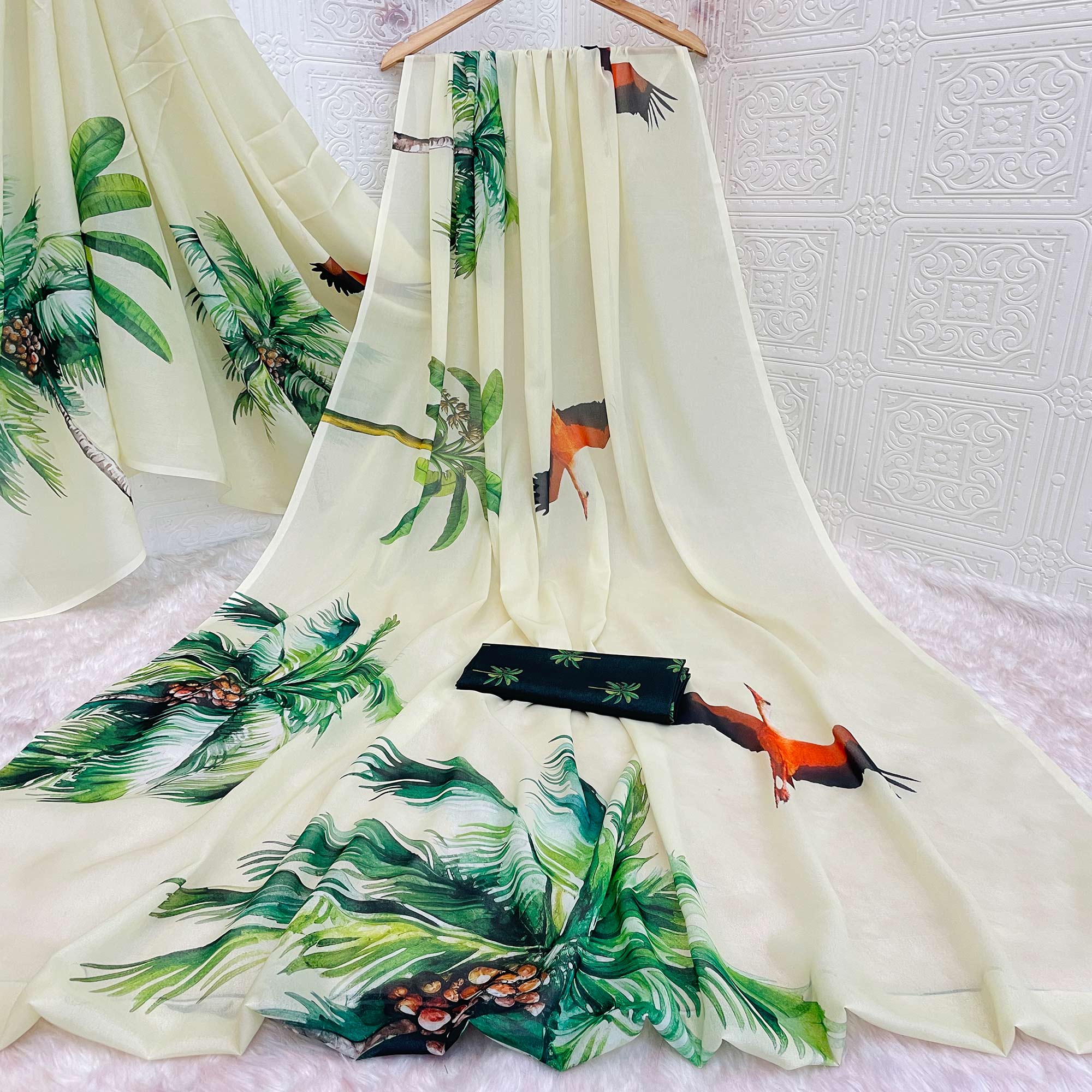 Cream Sparkle Star Georgette Saree Adorned With Tree & Bird Digital Prints